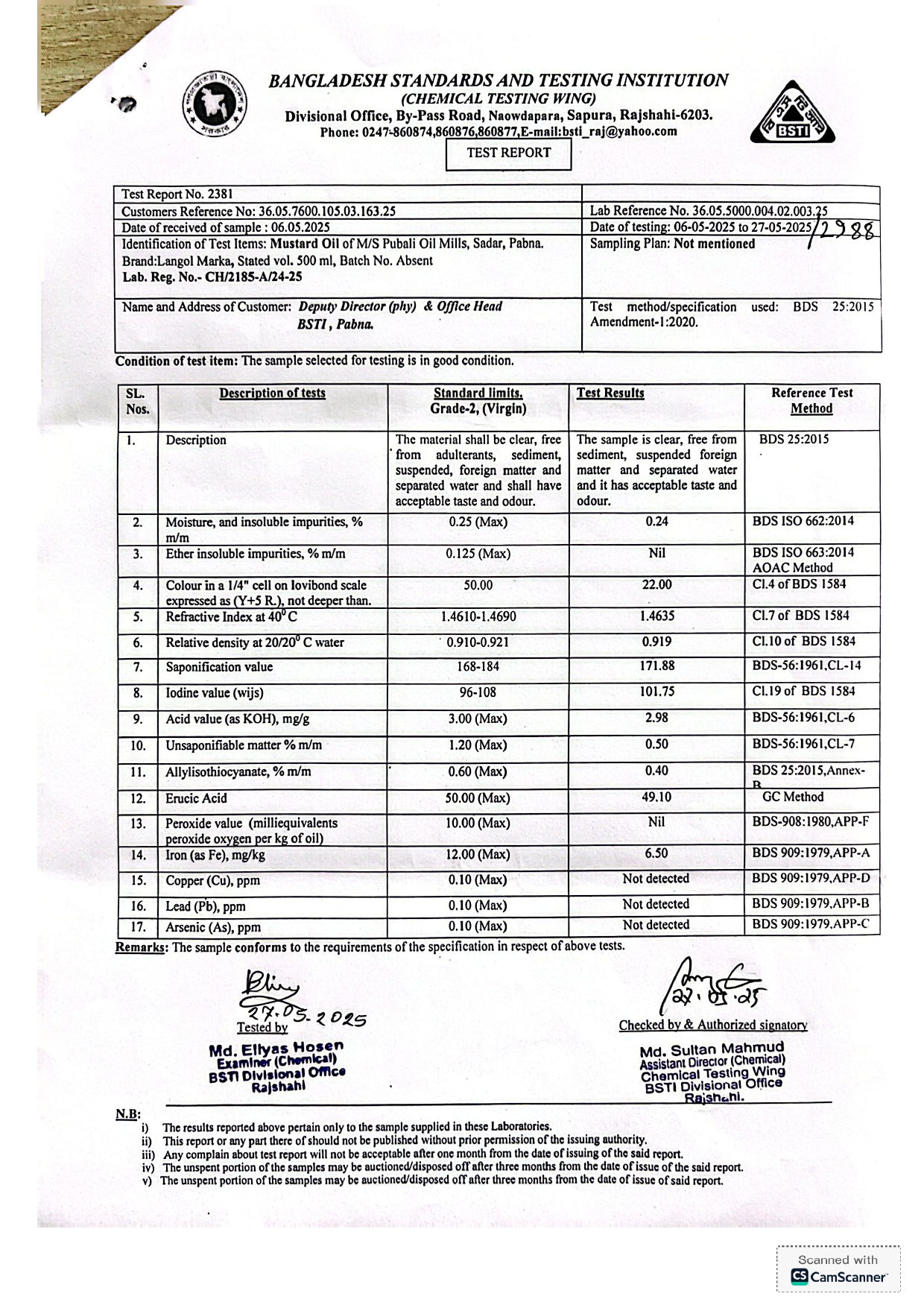 BSTI ল্যাব টেস্ট রিপোর্ট